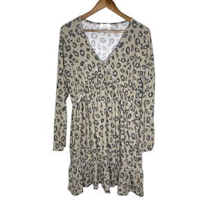 NWOT Riah Fashion Latte Leopard Print Long Sleeve Top V Neck Babydoll Dress Lg